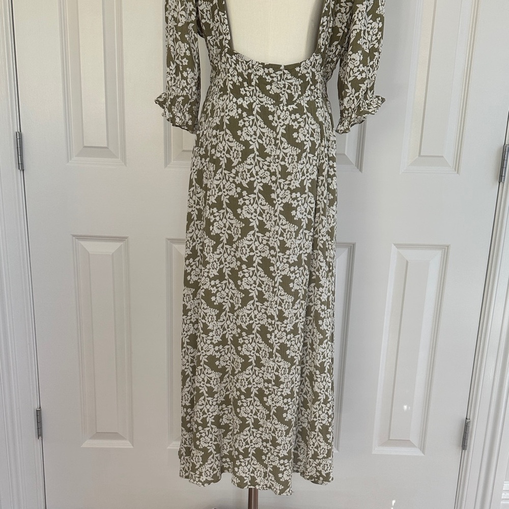 Lulus Spring Meadows Olive Green Floral Print Midi Dress Size L - Picture 11 of 15